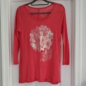Lucky Brand Pink Long Sleeve Top with Silver Floral Design